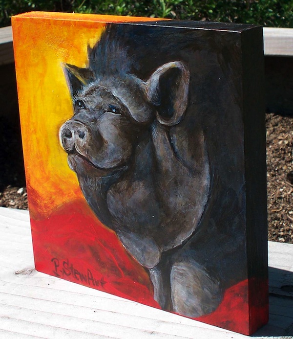 The edge canvas, Painting of Raspy, a pot bellied pig